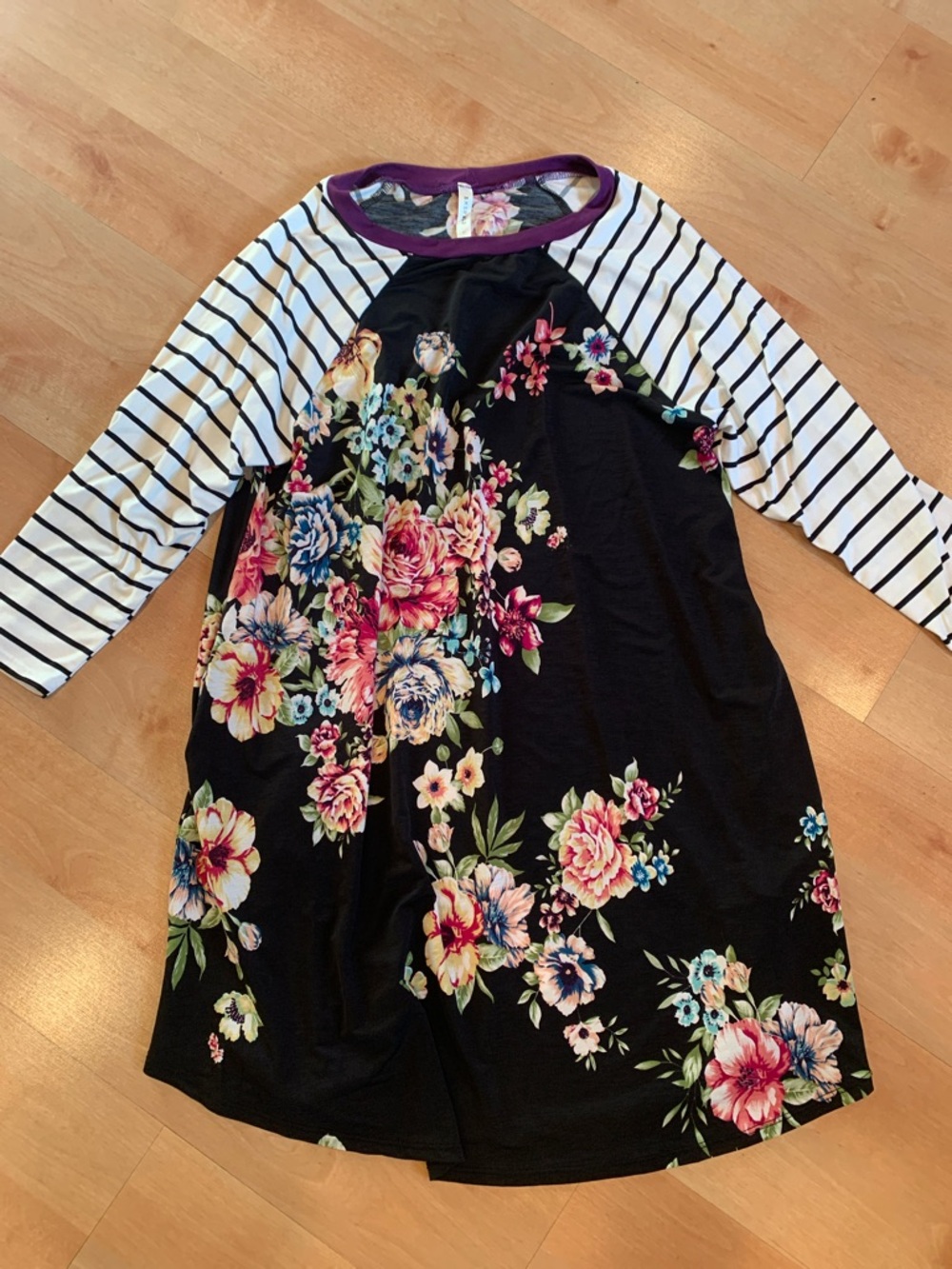 Emerald Black Floral Long Sleeve Dress with Striped Sleeves